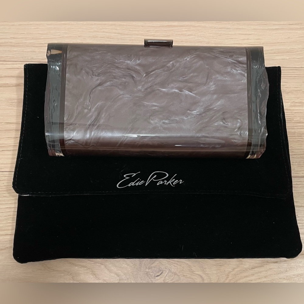NWOT Edie Parker Lara Grey & Clear Acrylic Clutch Bag w/ Mirror & Tab Closure